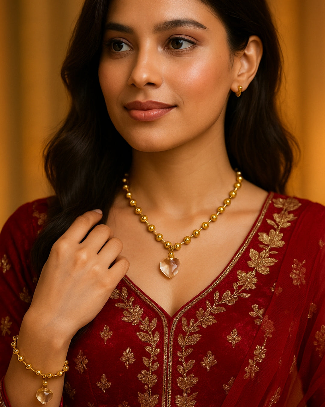 Woman wearing a gold necklace with a heart pendant on a red embroidered outfit.
