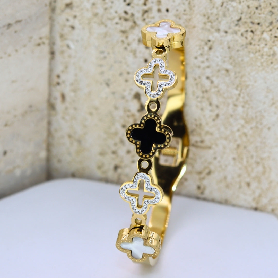 Black N White Clover Bangle Bracelet - Adorn-iq
