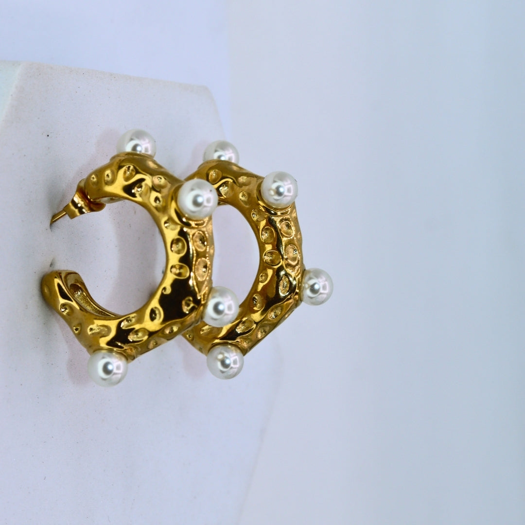 Chunky Half Pearl Hoops Earrings - Adorn-iq