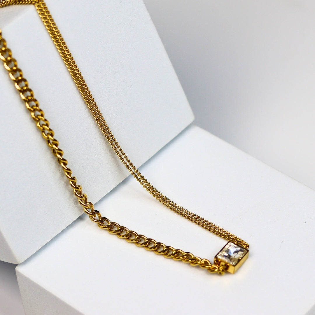 Dual Chain Clear Stone Necklace - Adorn-iq