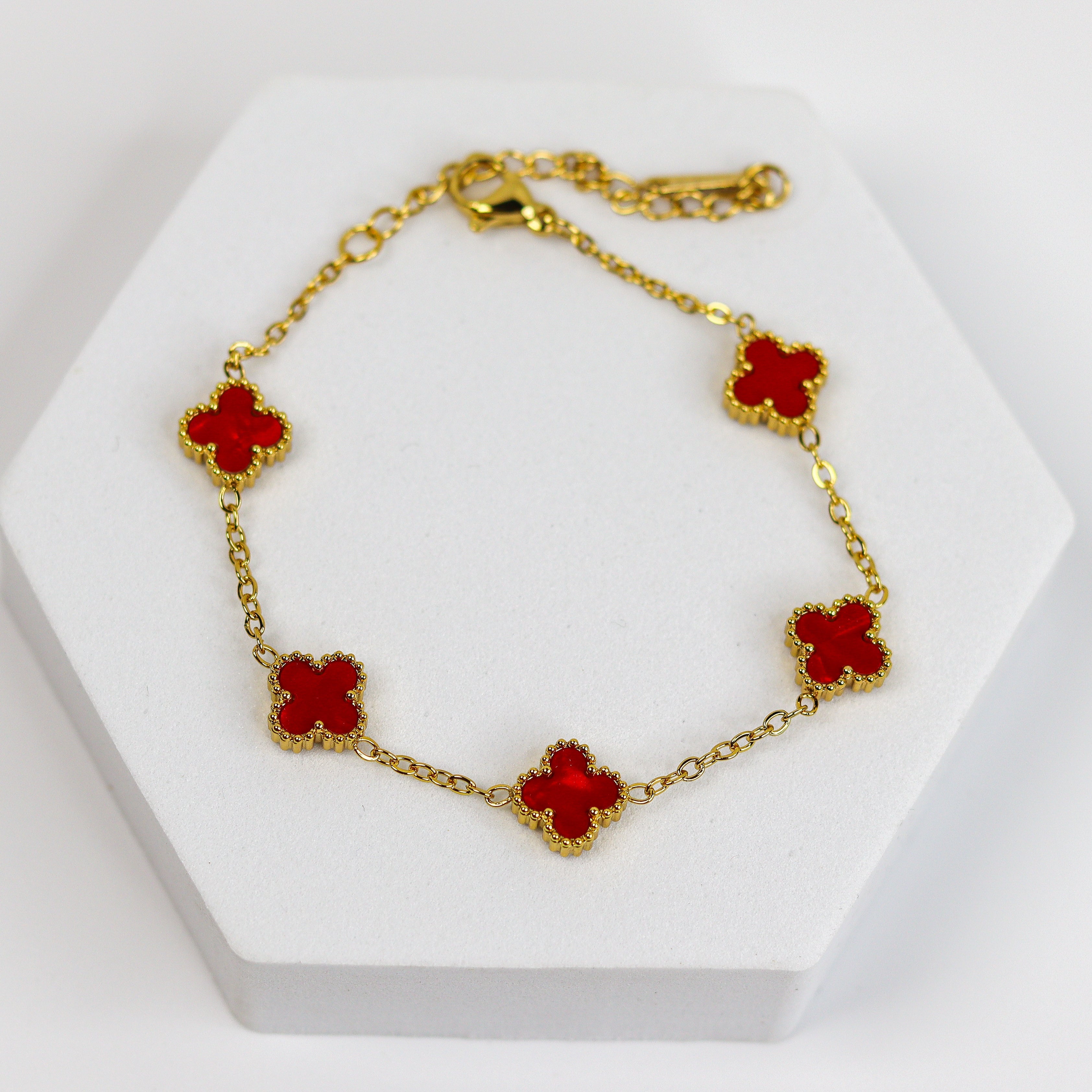 Ruby Red Clover Chain Bracelet