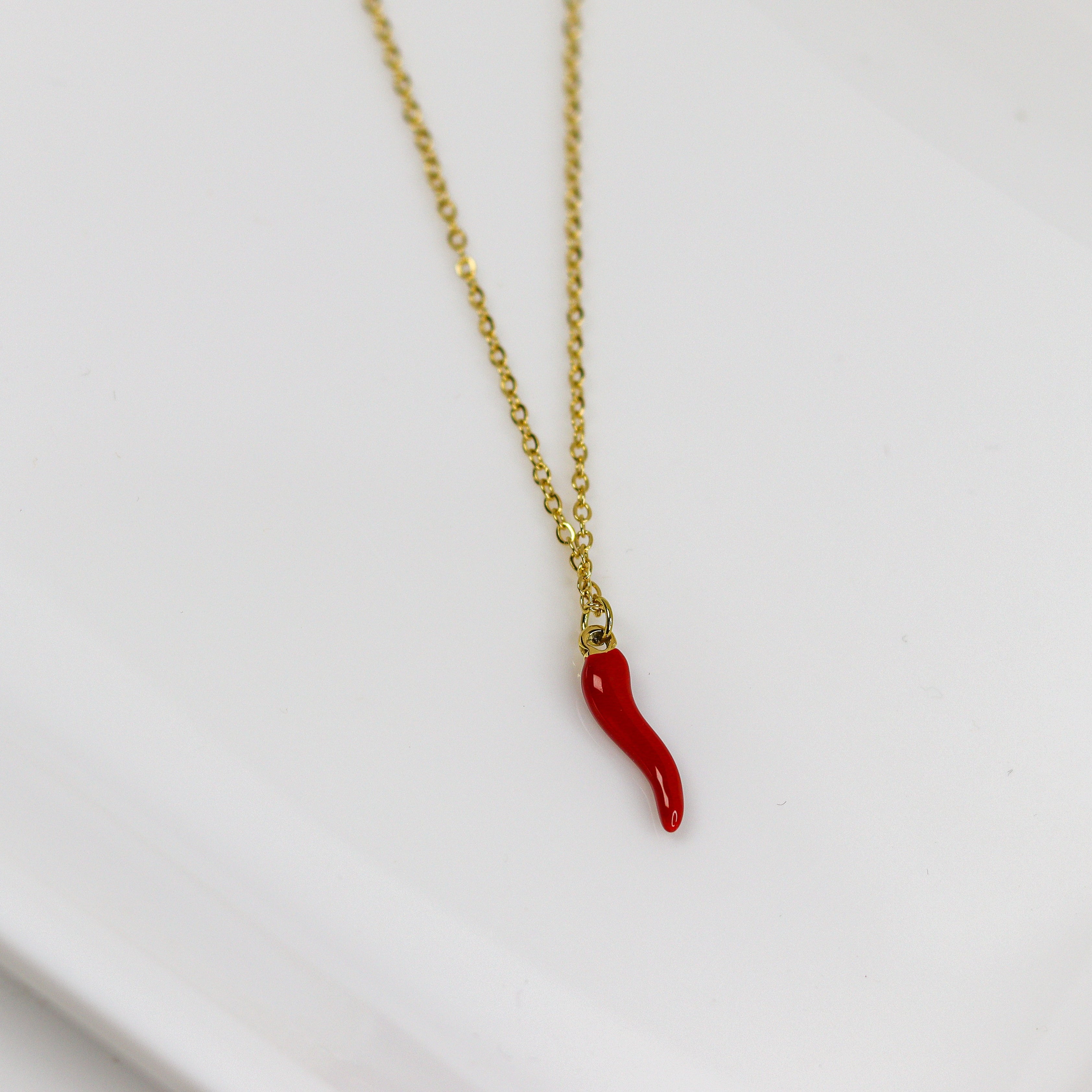 Necklace with a red chili pepper pendant on a white background