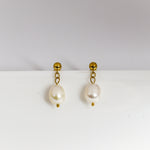 Pair of pearl earrings with gold hooks on a white background