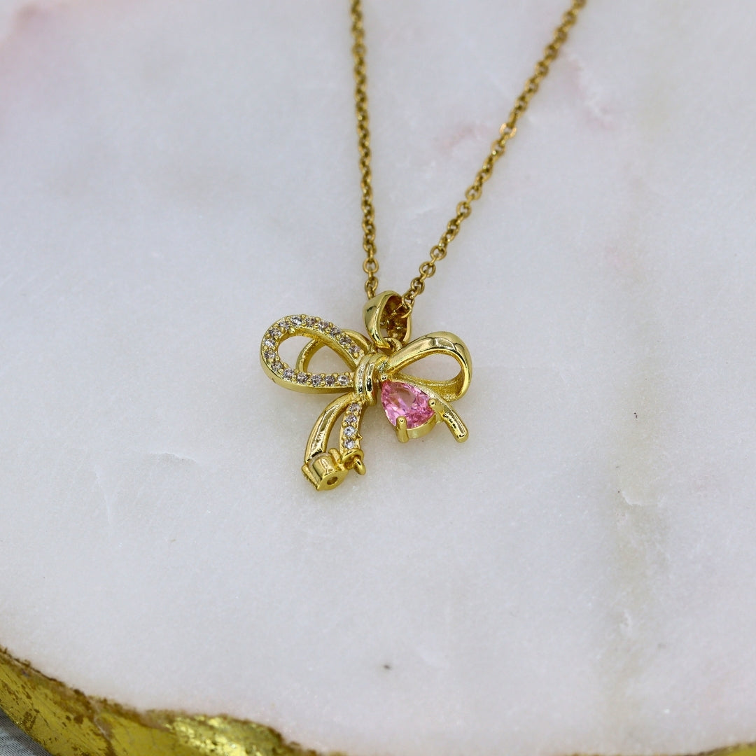 Pink Crystal Bow Necklace - Adorn-iq