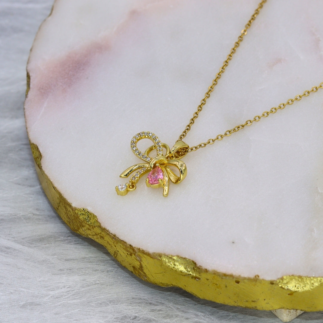 Pink Crystal Bow Necklace - Adorn-iq
